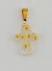 Handgefertigter Glas-Kreuz-Anhänger – Gelbe Blumen