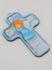 Holzkreuz Kind - Schutzengel mit Trompete